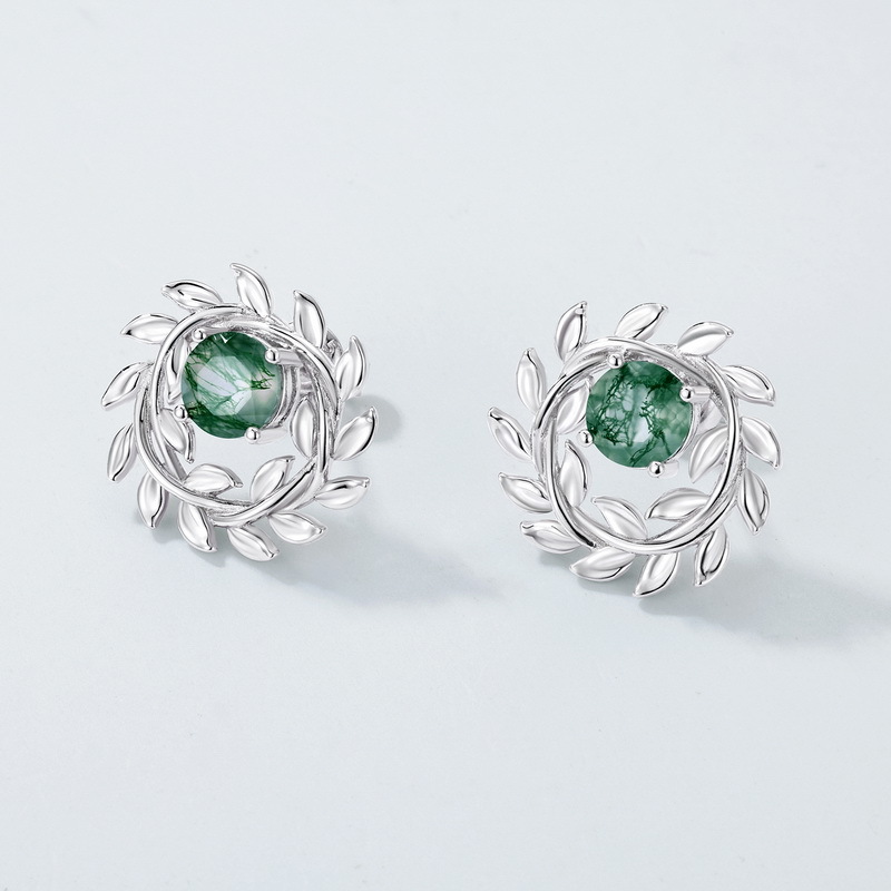 Nuevo diseño de bobinado transfronterizo Pendientes de moda de rama de olivo Pendientes S925 Pendientes de ágata de agua natural de plata Personalización