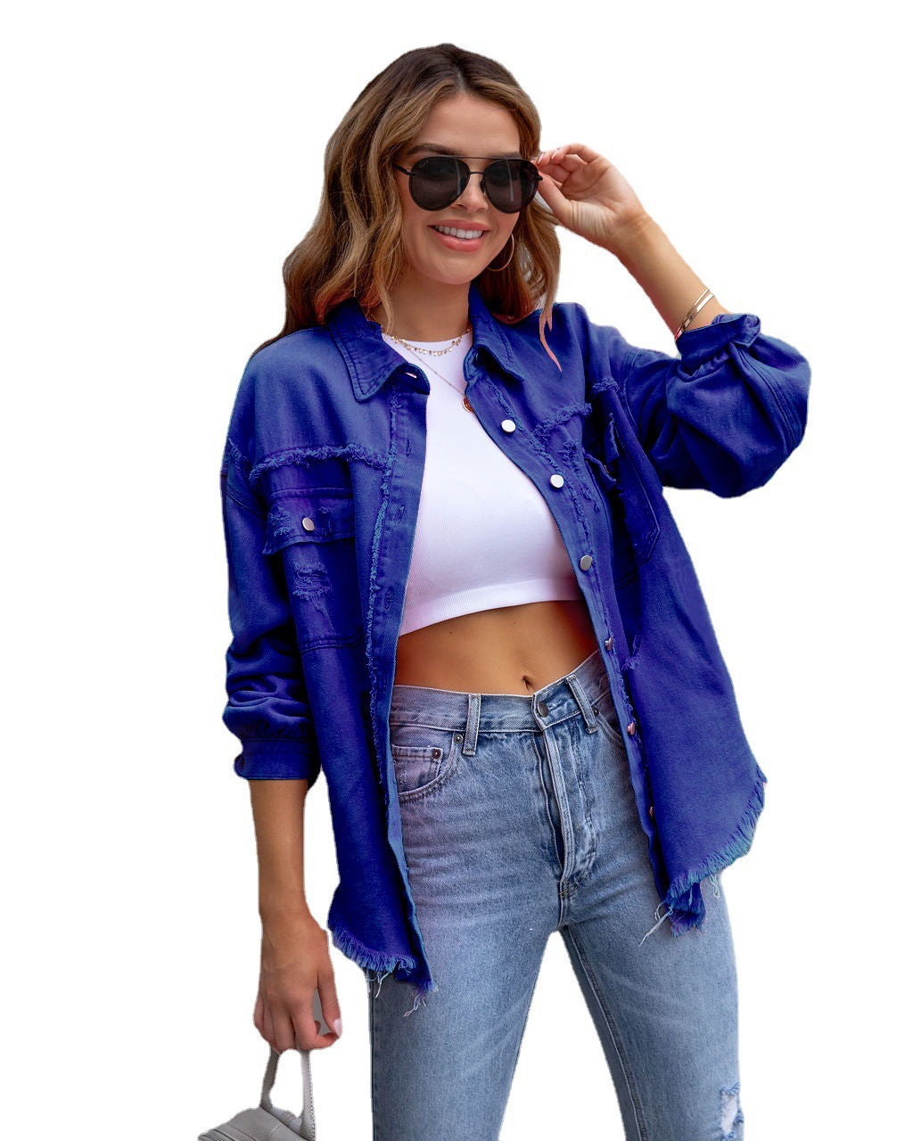 Abbigliamento da donna giacca di jeans strappata e arricciata manica lunga top casual con risvolto_voghion.com