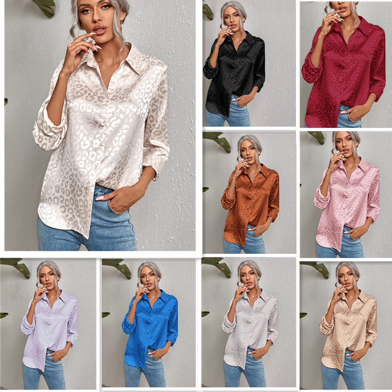 2026 European and American Cross-Border Women's Clothing Spring and Summer New Style Lapel Button-Up Leopard Print Jacquard Shirt Elegant Commuter Long-Sleeve Shirt
