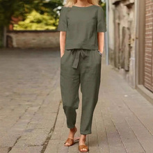 2025跨境女装棉麻夏季通勤搭配套装半袖O领超大罩衫复古两件套