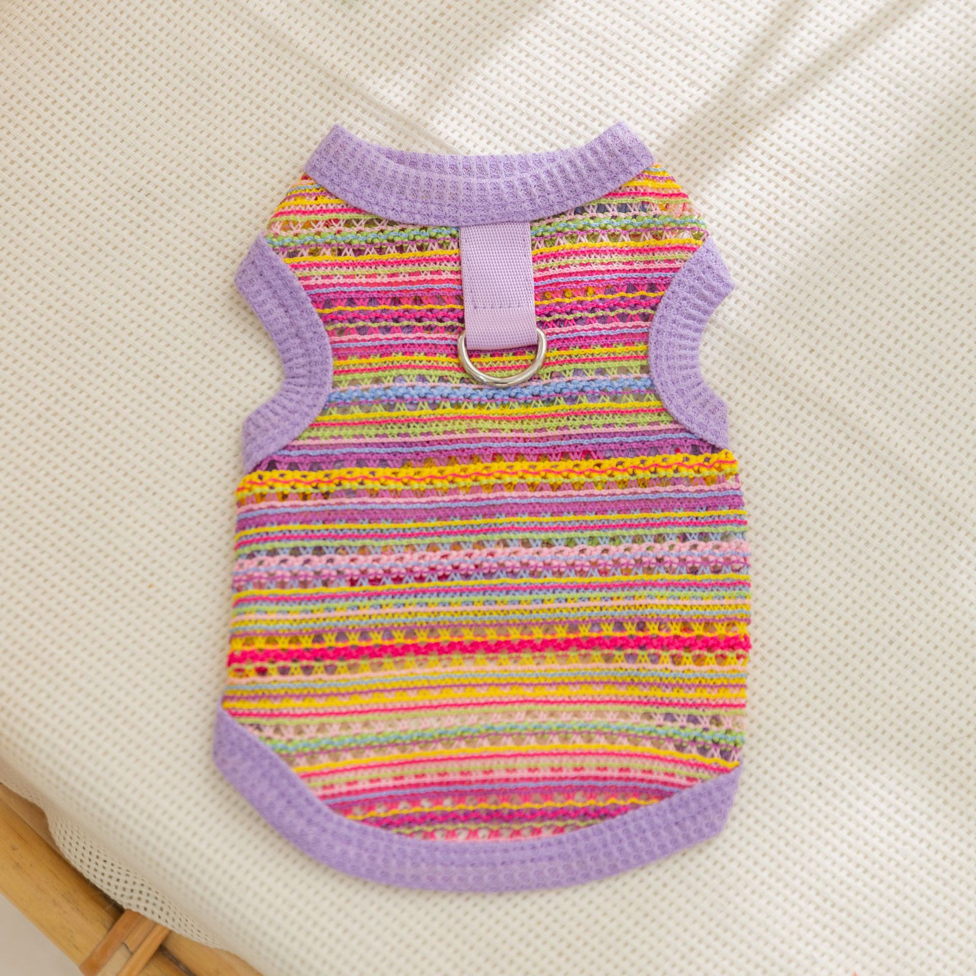 Perro de mascota verano delgado arco iris multicolor trenzado hueco chaleco de tracción perro pequeño que oso ropa Teddy