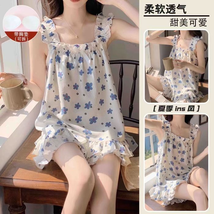 Cinturón de comercio exterior transfronterizo cojín en el pecho pijama niña verano camisola sexy dulce y lindo traje de servicio a domicilio fino