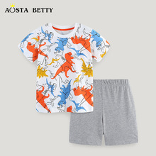 夏季新品男童套装针织棉欧美风格中小童卡通恐龙印花短袖套头两件