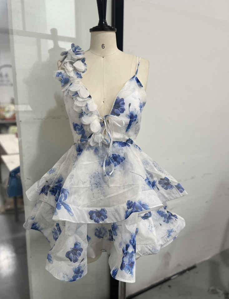 프린트 백리스 스트랩 스커트-블루