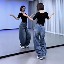 美式复古破洞阔腿牛仔裤女2026夏季新款小个子高腰显瘦蓝色弯刀裤