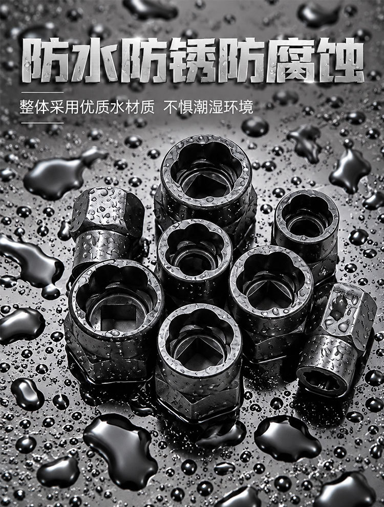 14-piece set of damaged nut removal tools, including a reverse thread extractor, a thread removal sleeve, and a theft-proof screw