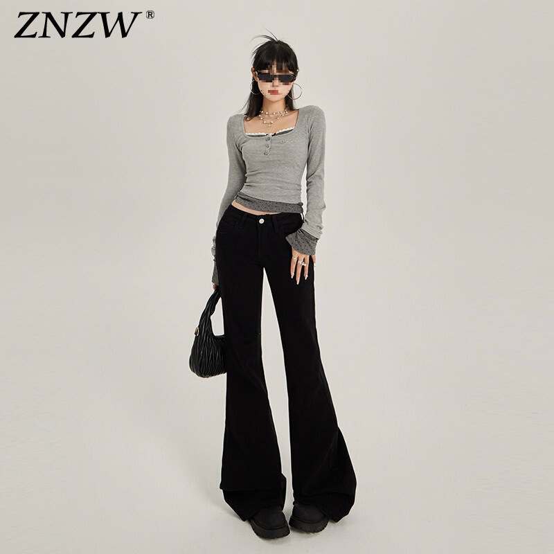 Spring and Autumn Black Non-Stretch Wide-Leg Flared Pants Low-Waist Elastic Zn Flared Jeans for Women Zw Women's Spring and Autumn Black Non-Stretch Wide-Leg Flared Pants Low-Waist Elastic Zn Flared Jeans for Women Zw Women's