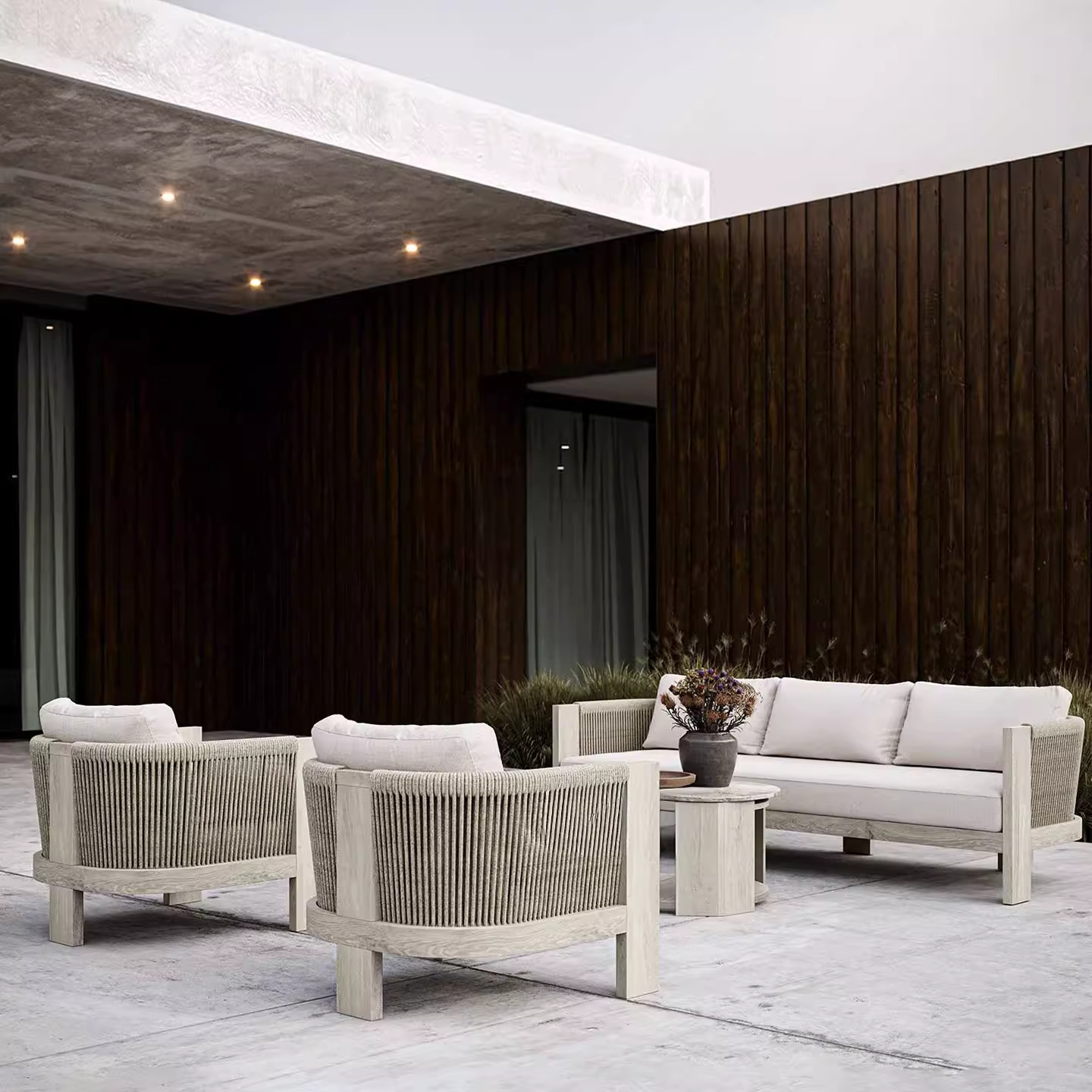 Combinación de sofá de caña al aire libre patio ocio jardín terraza proyecto de hotel residencial al aire libre muebles impermeables de teca