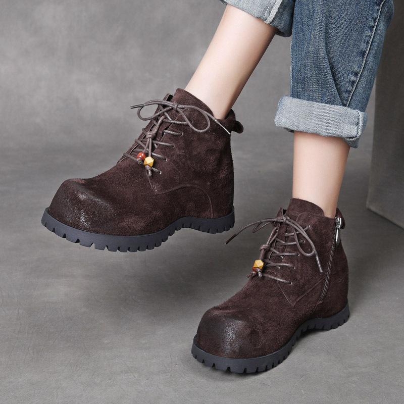 吉树25秋冬新款头层牛皮系带高帮女鞋磨砂真皮复古串珠内增高短靴