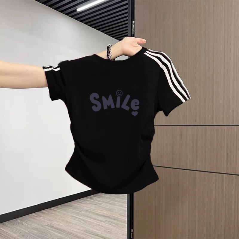 Foreign Trade Striped Right Shoulder Short-Sleeved T-Shirt Girls' Summer Design Sexy Slimming Look Pure Color T-Shirt Top