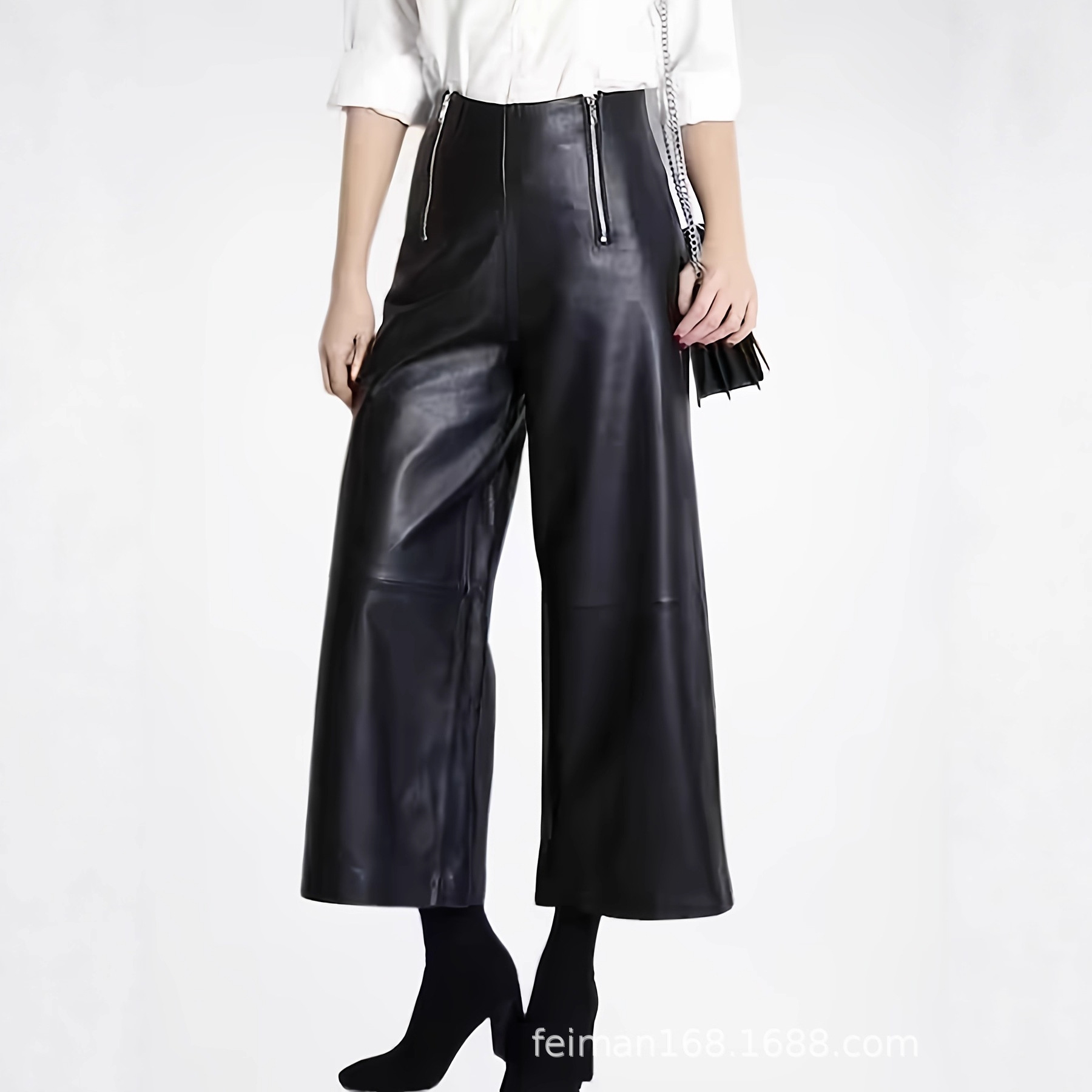 Solid color Leather patchwork Wide leg Pants Black - Shop at LoveMi