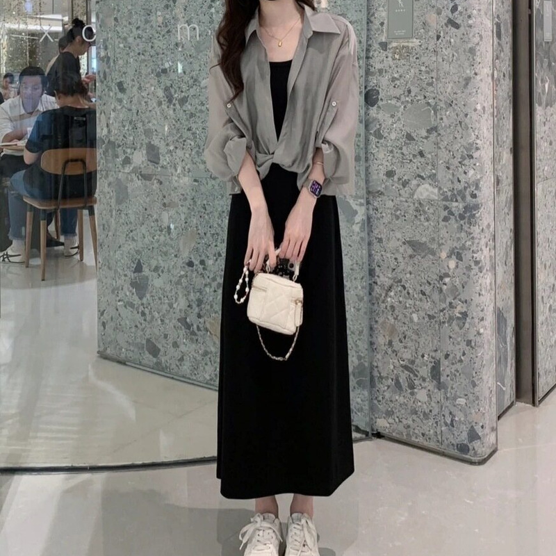 Sun protection shirt paired with a suspender dress two-piece set for summer wear, a complete set of high-end, fashionable, and casual outfits Sun protection shirt paired with a suspender dress two-piece set for summer wear, a complete set of high-end, fashionable, and casual outfits
