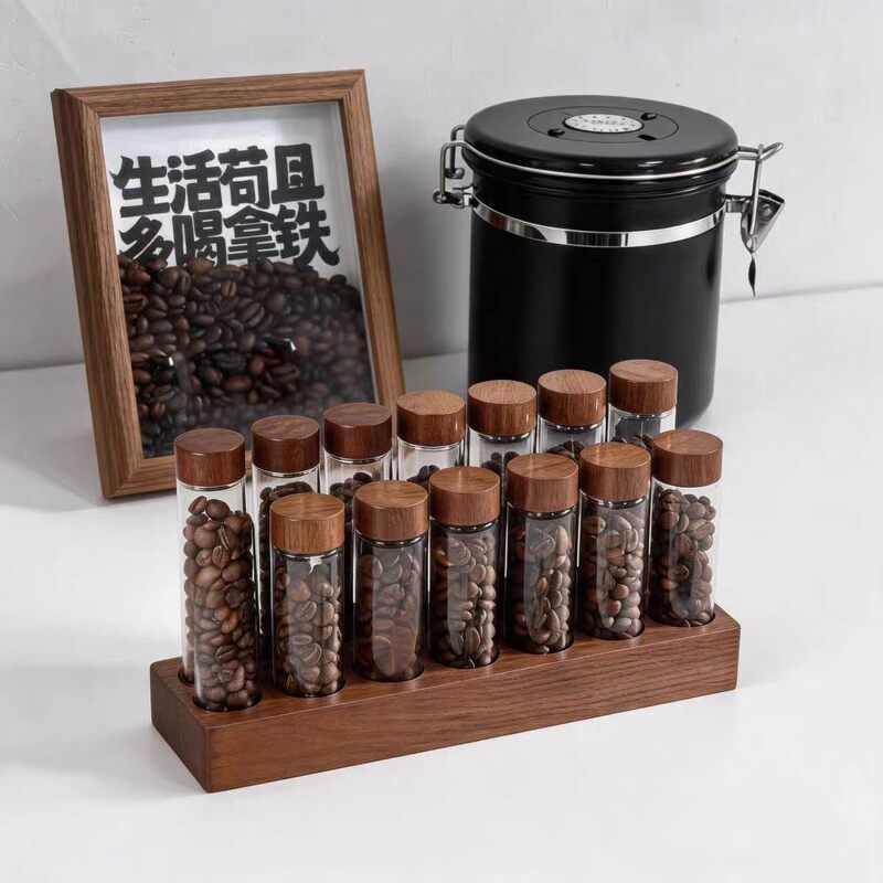 Coffee Bean Dispensing Bottles, Test Tubes, Tea Sealing Bottles with Wooden Lids, Glass Sealed Storage Jars, Storage and Display Racks Coffee Bean Dispensing Bottles, Test Tubes, Tea Sealing Bottles with Wooden Lids, Glass Sealed Storage Jars, Storage and Display Racks