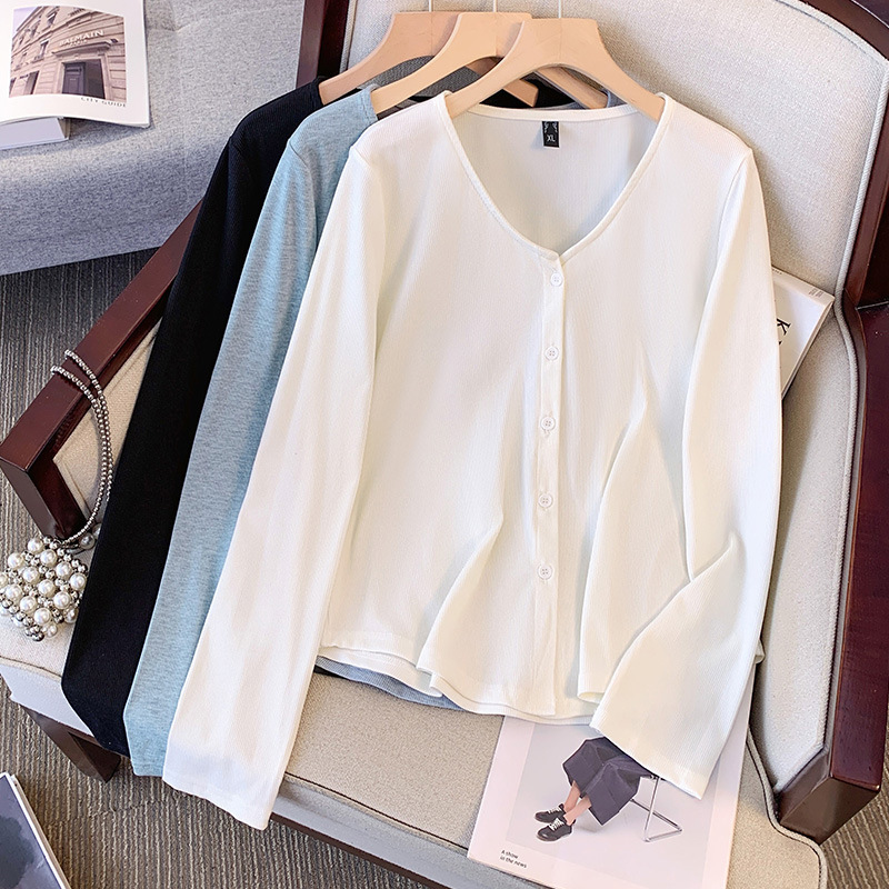 New Versatile Cardigan V Neck Button Loose Thin Jacket Large Size Long-Sleeved T-Shirt Top with Simple Outerwear 3438
