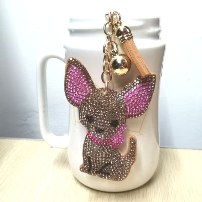 Cross-border Hot Selling Tassel Diamond Puppy Women's Bag Pendant Fashion Korean Velvet Rhinestone Double Color Diamond Keychain