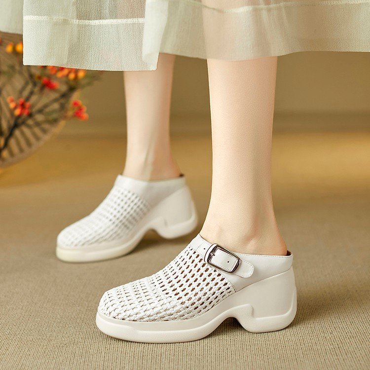 Woven mule made of sheepskin leather platform wedge heel