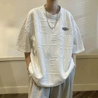 提花圆领男大码短袖T恤青春流行ins设计感重磅上衣时尚潮牌五分袖