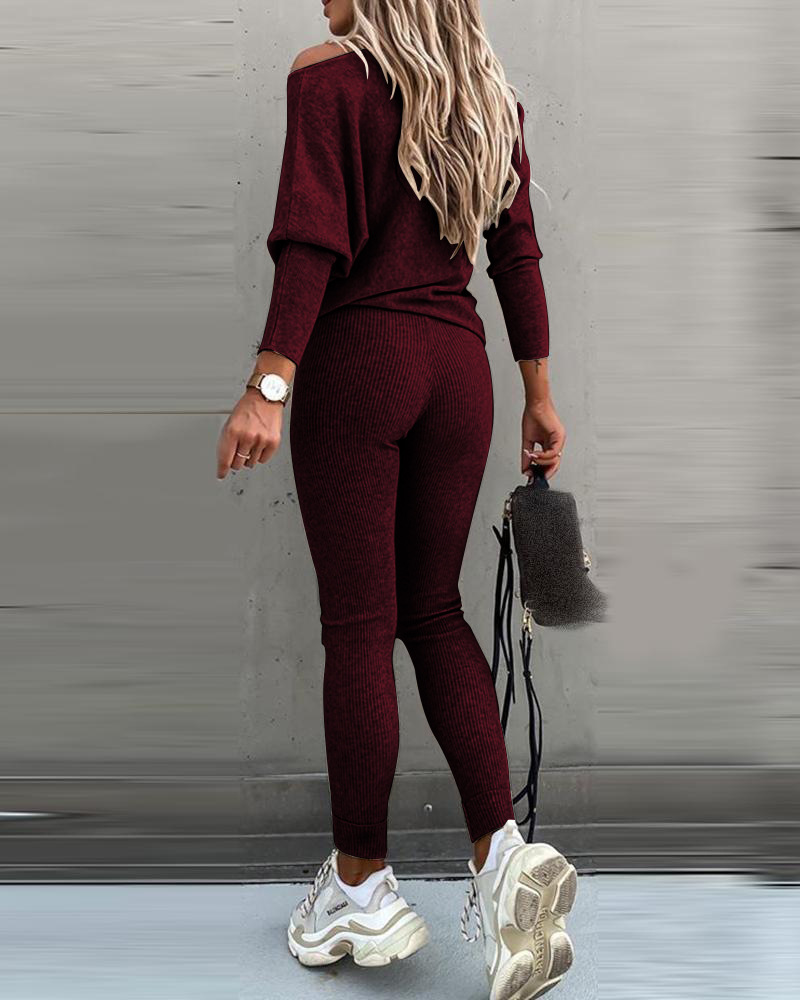 Solid Color Sloping Shoulder Long Sleeve Shirt & Pants 2 Piece Set NSYF66877