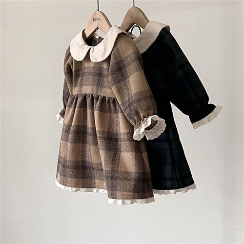 Korean version of the new spring and autumn baby doll collar long-sleeved lace dress baby checkered cute princess trendy dress