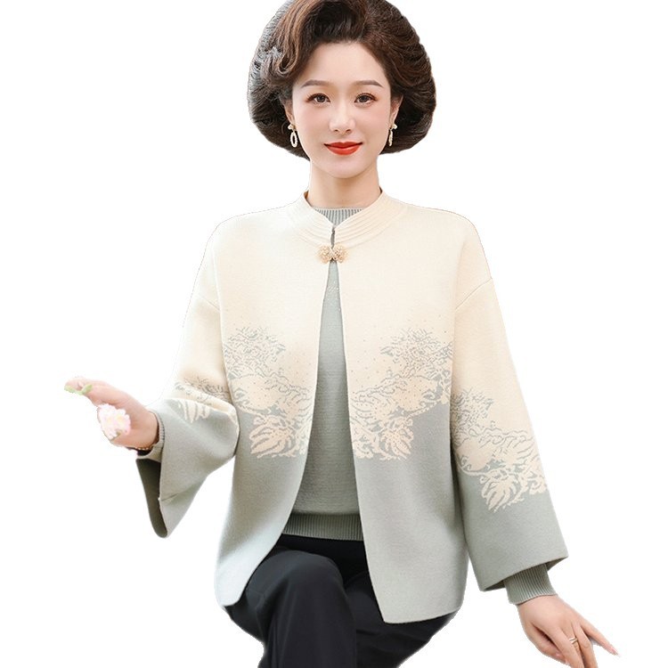 妈妈秋装新款针织开衫两件套装中老年女春秋冬季时尚国风毛衣外套|undefined