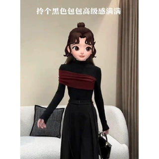 2026秋冬季新款大码拼色设计打底衫修身长袖女半高领拼接上衣百搭