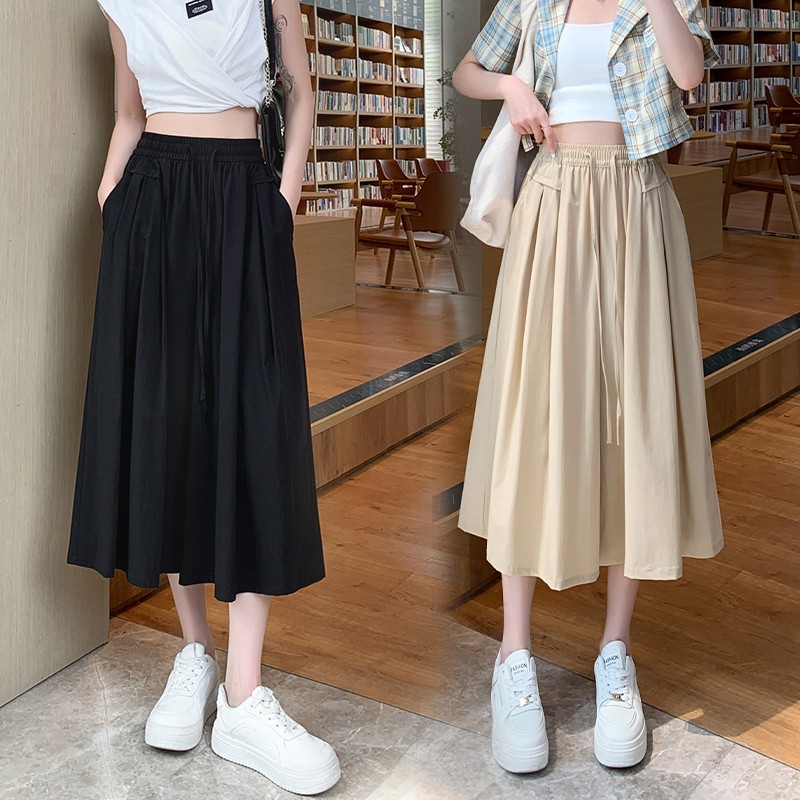 Pantalones de pierna ancha de seda de hielo falda de verano de mujer delgada 2023 nueva cintura alta en forma de pera que adelgaza drapeado pantalones sueltos