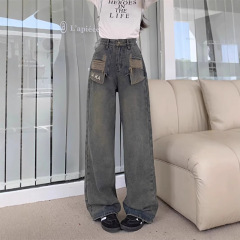 复古破洞牛仔裤女不规则2025款设计感高腰显瘦百搭阔腿拖地长裤子