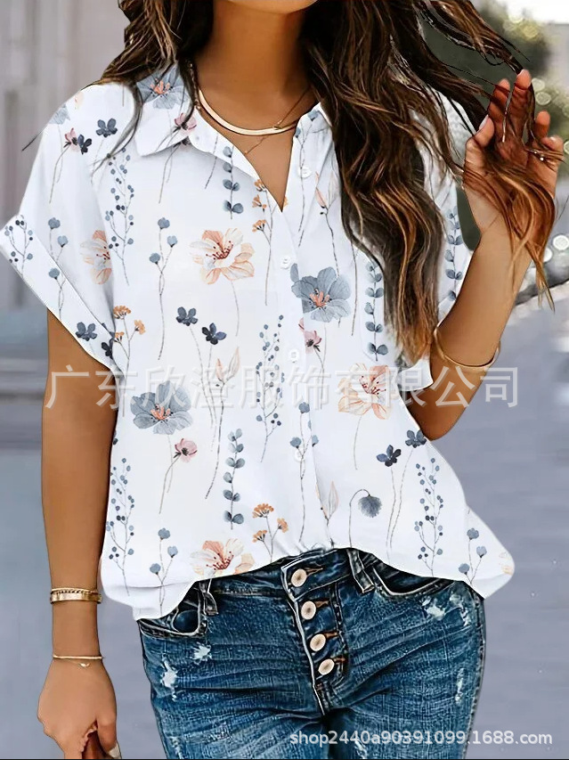 Summer European and American cross-border Amazon independent station wish foreign trade popular loose casual shirt collar floral shirt for women