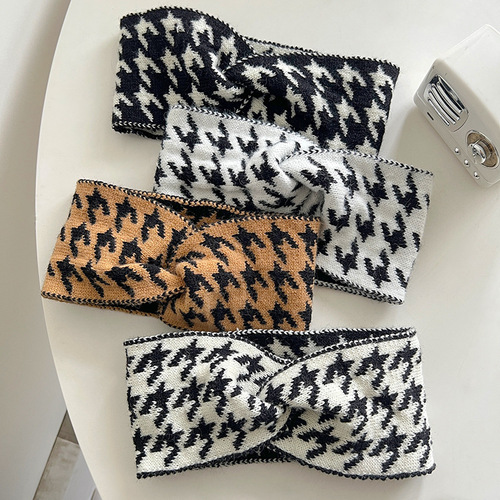 Houndstooth woolen hairband women's wide-brimmed confinement bag headscarf cross autumn and winter outdoor hair hoop  new headwear