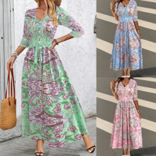 2025TUME速卖通外贸波西米亚印花连衣裙气质优雅V领长袖连衣长裙