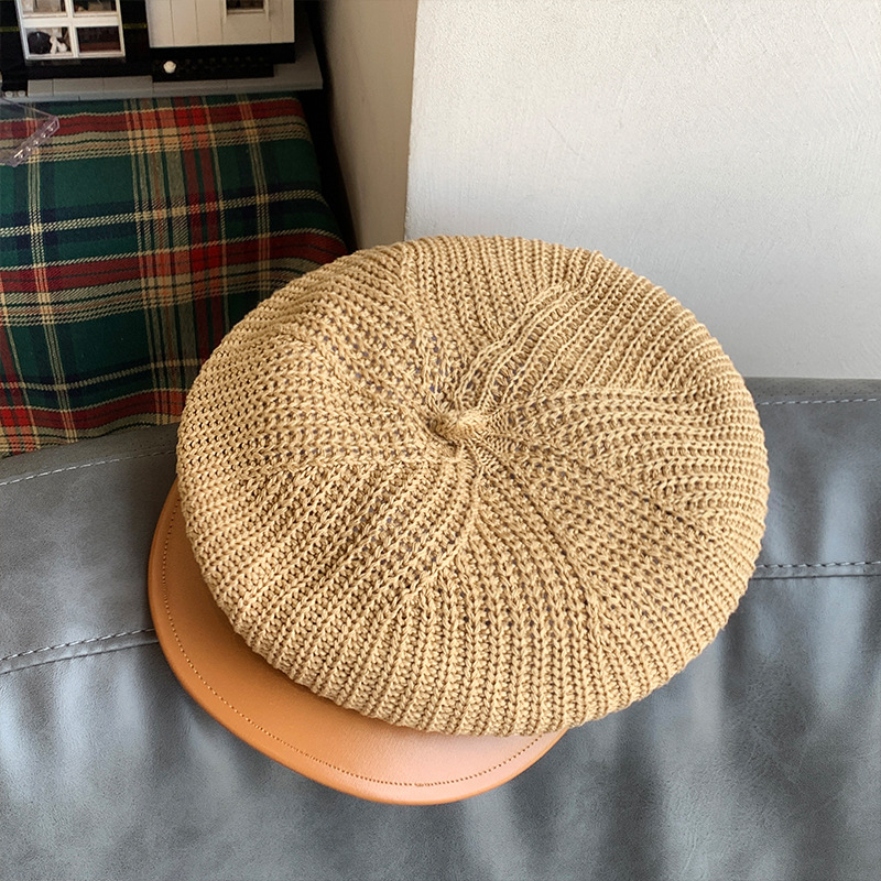 Beige Knitted Beret Women's Summer Breathable Face Showing Little Bud Painter Trendy Big Headband Octagonal Hat_voghion.com