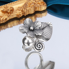 s925复古做旧手工银花朵戒指女复古做旧立体感个性开口可调节银饰