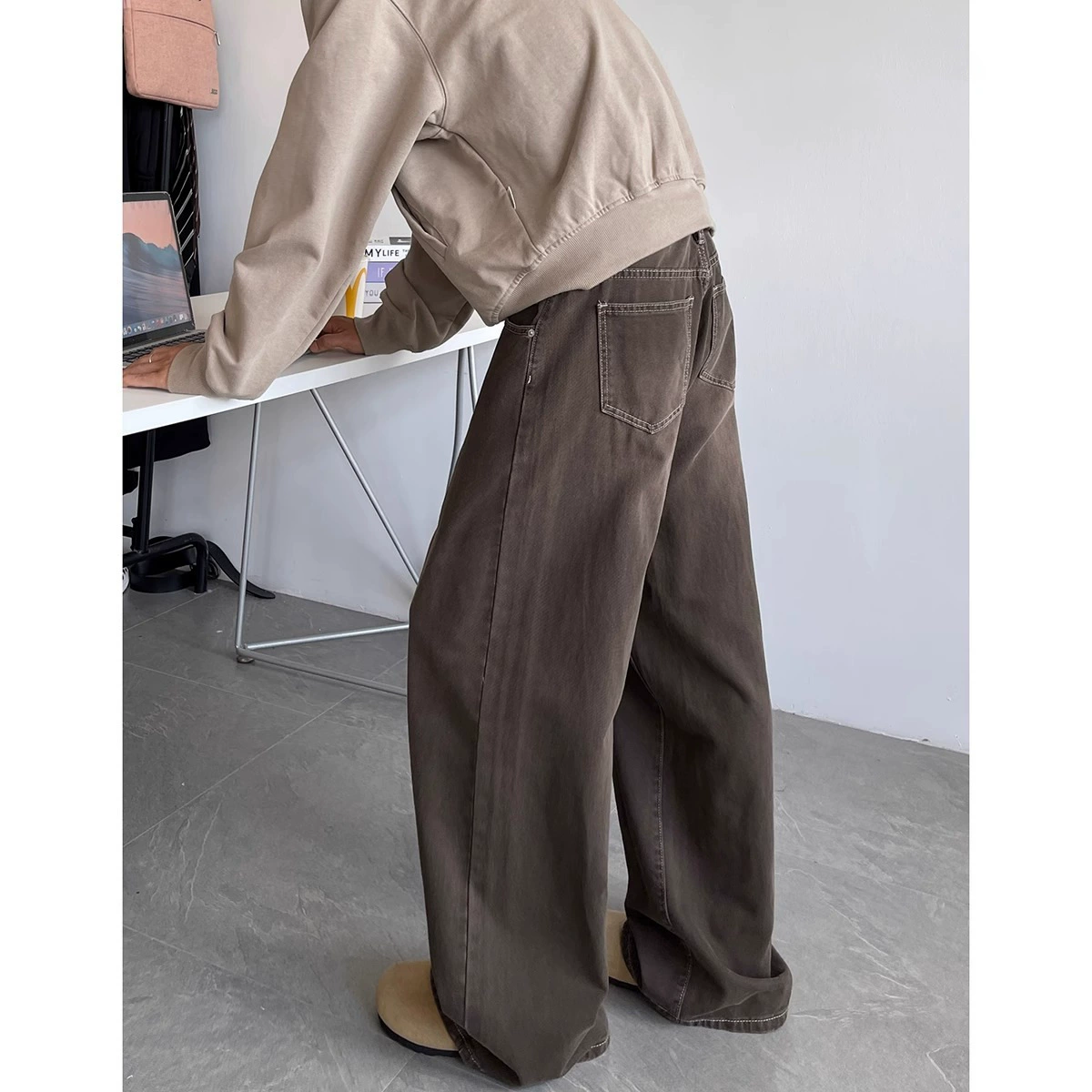 Американский цвет коричневые джинсы мужской осенний прилив cleanfit High Street дикие повседневные свободные широкие брюки