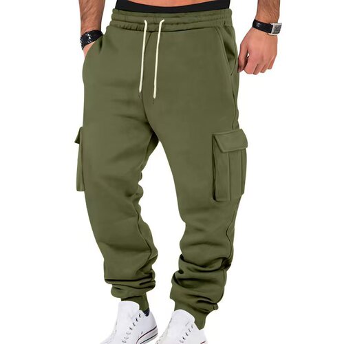 Cross-border Amazon Men's Winter Fleece Lined Casual Work Pants with Multiple Pockets and Drawstring, 10 Colors, Sports Men's Leisure Pants