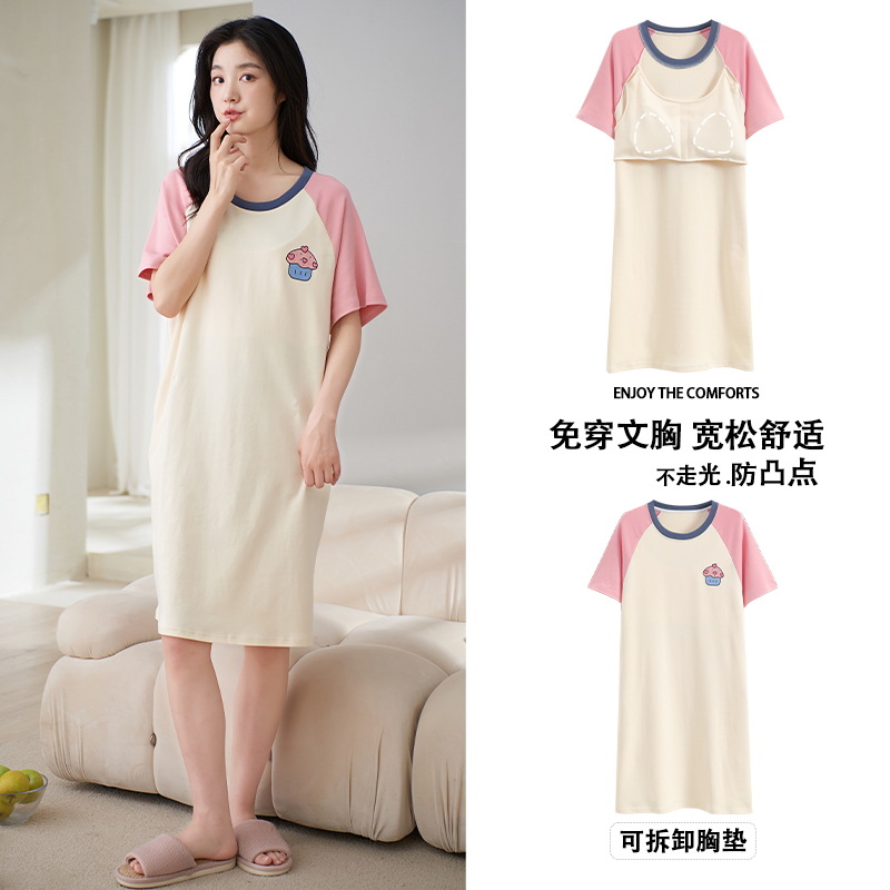 Nuevo Camisón de algodón de manga corta de verano con almohadilla en el pecho de las mujeres Mediados de longitud más tamaño dulce de dibujos animados de algodón Ropa para el hogar de las mujeres