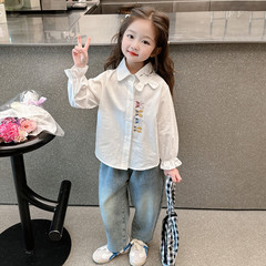 Girls' Spring 2024 New Fashionable White Blouse for Baby Kids Children Long Sleeve Top