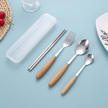 源头厂家榉木柄餐具套装不锈钢勺叉筷套装学生礼品餐具盒三件E18