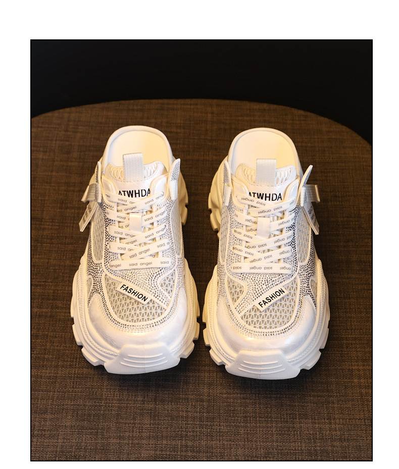 Giày sneaker nữ đế dày lưới thoáng khí mũi trùm đính đá phong cách giày bố — màu trắng ngà, bạc chi tiết 19