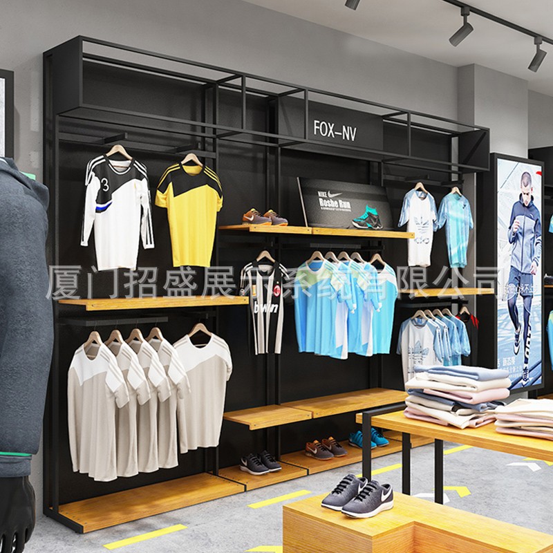 Estante de exhibición especial para tienda de ropa deportiva Estante de exhibición tipo piso Estante de exhibición de ropa para hombres y mujeres Estante de exhibición de percha de ropa