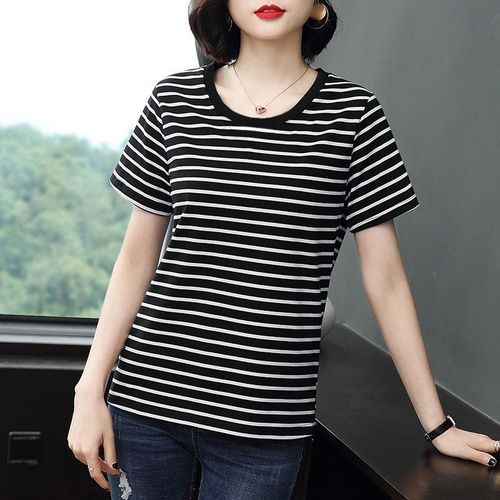 Korean short-sleeve T-shirt for women, summer striped small top for middle-aged mothers, slimming, stylish, versatile, loose-fitting top