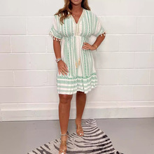 2024欧美时尚跨境新款印花蕾丝花边V领短袖连衣裙