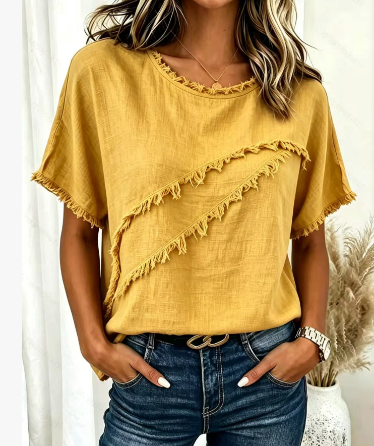 Blusa de mujer en algodón y lino con patchwork y borlas_voghion.com