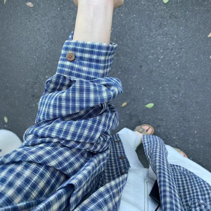 Korean-style Long-sleeved Blue Plaid Shirt Women's Spring and Autumn New Loose Lazy Style Top All-match Coat Shirt Trendy Korean-style Long-sleeved Blue Plaid Shirt Women's Spring and Autumn New Loose Lazy Style Top All-match Coat Shirt Trendy
