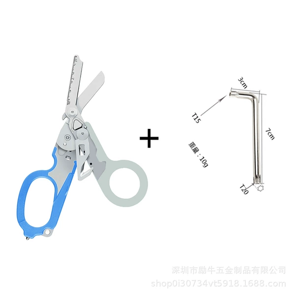 Blue and gray scissors + small wrench