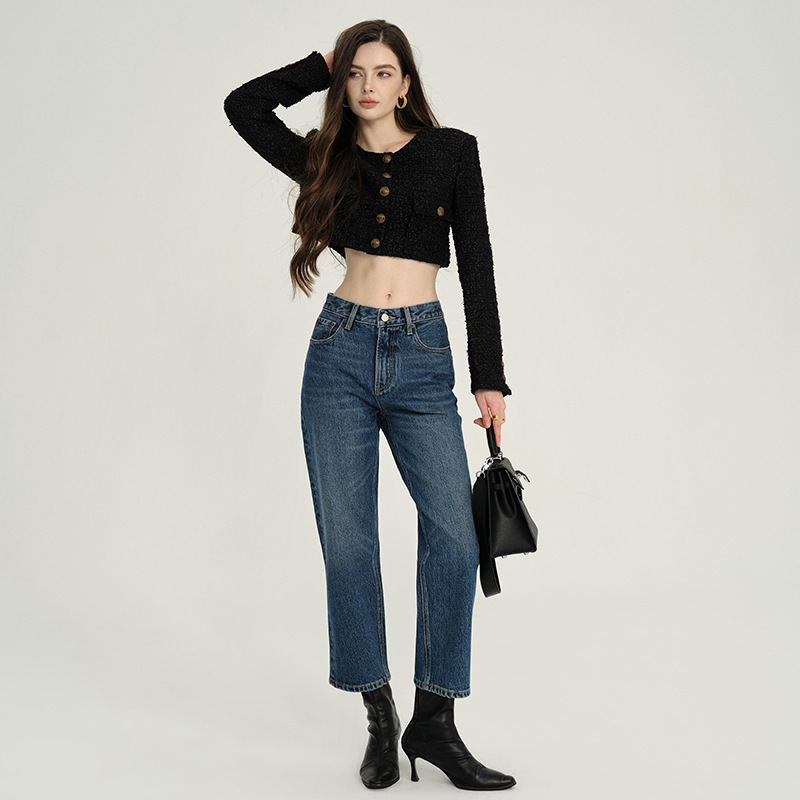 Mbb High-End 2025 Autumn New Straight-Leg Jeans for Women, High-Waisted Petite Cropped Straight-Leg Cigarette Pants