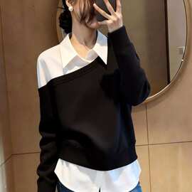 衬衫领撞色拼接设计感假两件2026秋季女装新款松弛感百搭气质上衣