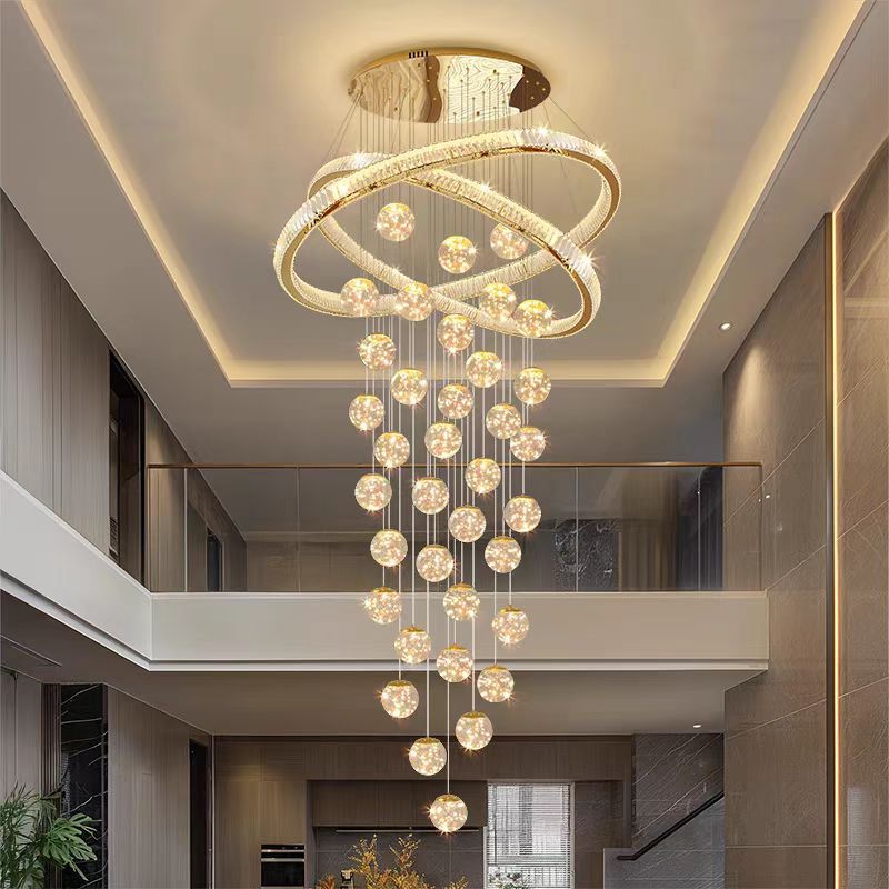 复式楼挑空客厅灯现代轻奢水晶吊灯楼中楼梯长吊灯别墅挑空大厅灯