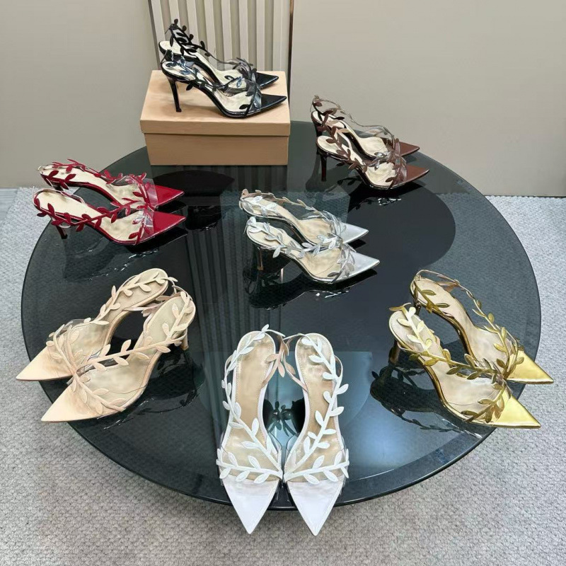 2025 New Summer Leaf Flower High-Heeled Women's Shoes Stiletto Open-Toe One-Strap Gold Banquet Sandals for Women