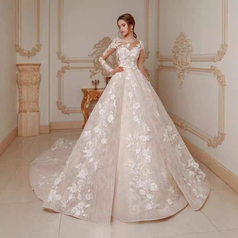 Cross-border New Bridal Luxury Prom Gown high quality 3D Lace Three-dimensional Flower Slim Tail Wedding Dress