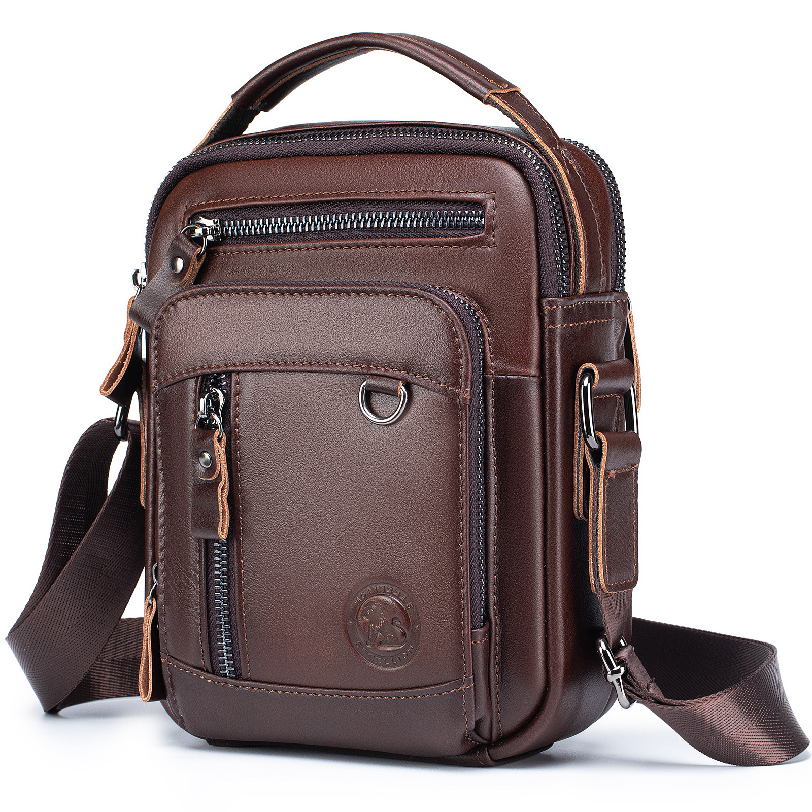 Bolso Bandolera de Piel de Vaca para Hombre, Piel de Vaca de Primera Capa, Multifuncional, para Trabajo